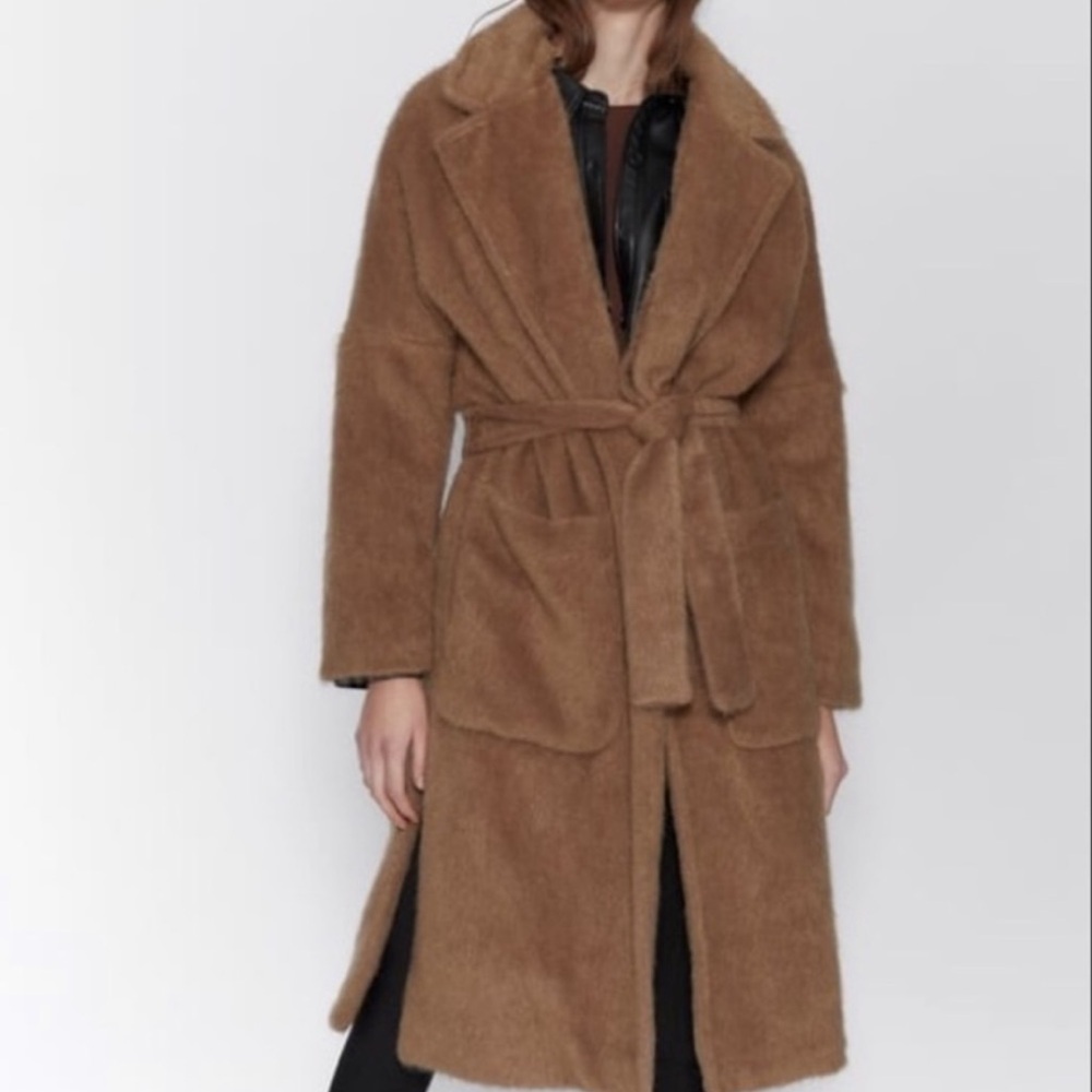 ZARA Faux Fur Teddy Tie Waist Coat Camel Small - Picture 10 of 16